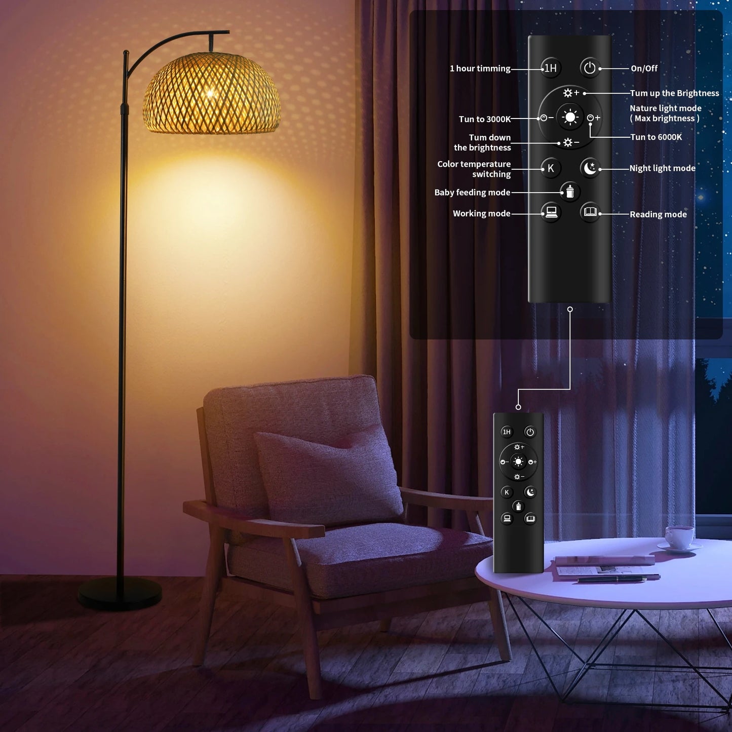 Bamboo Woven Floor Lamp: Adjustable Head, Remote & Pedal Switch