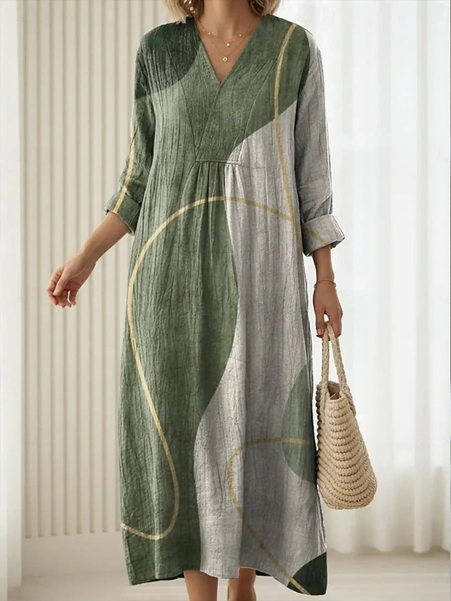Mina | Linen V-Neck Long Sleeve Dress