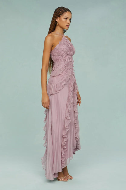 Amanda | Pleated Asymmetrical Halter Maxi Dress