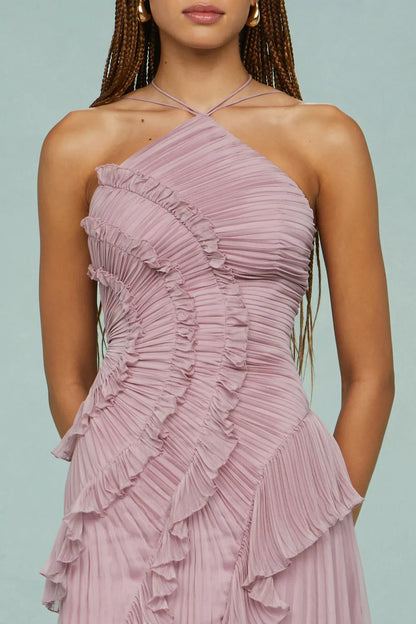 Amanda | Pleated Asymmetrical Halter Maxi Dress