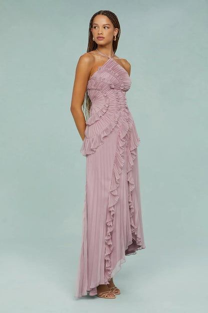 Amanda | Pleated Asymmetrical Halter Maxi Dress