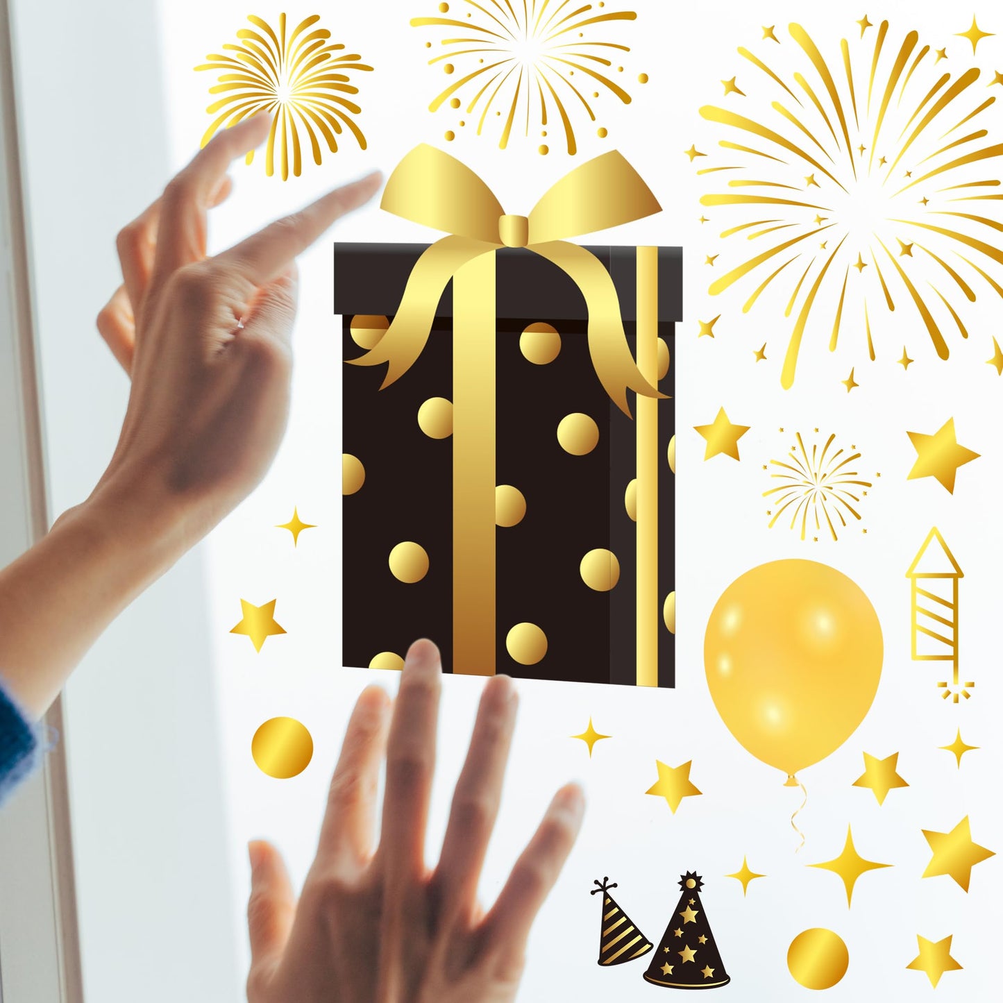 9 Sheets Happy New Year Window Clings, 152 Pcs Black and Gold Window Sticker Patterns Double-Sided New Years Decor, Firework Decals Decorations for Indoor Home New Year Eve Party Decor