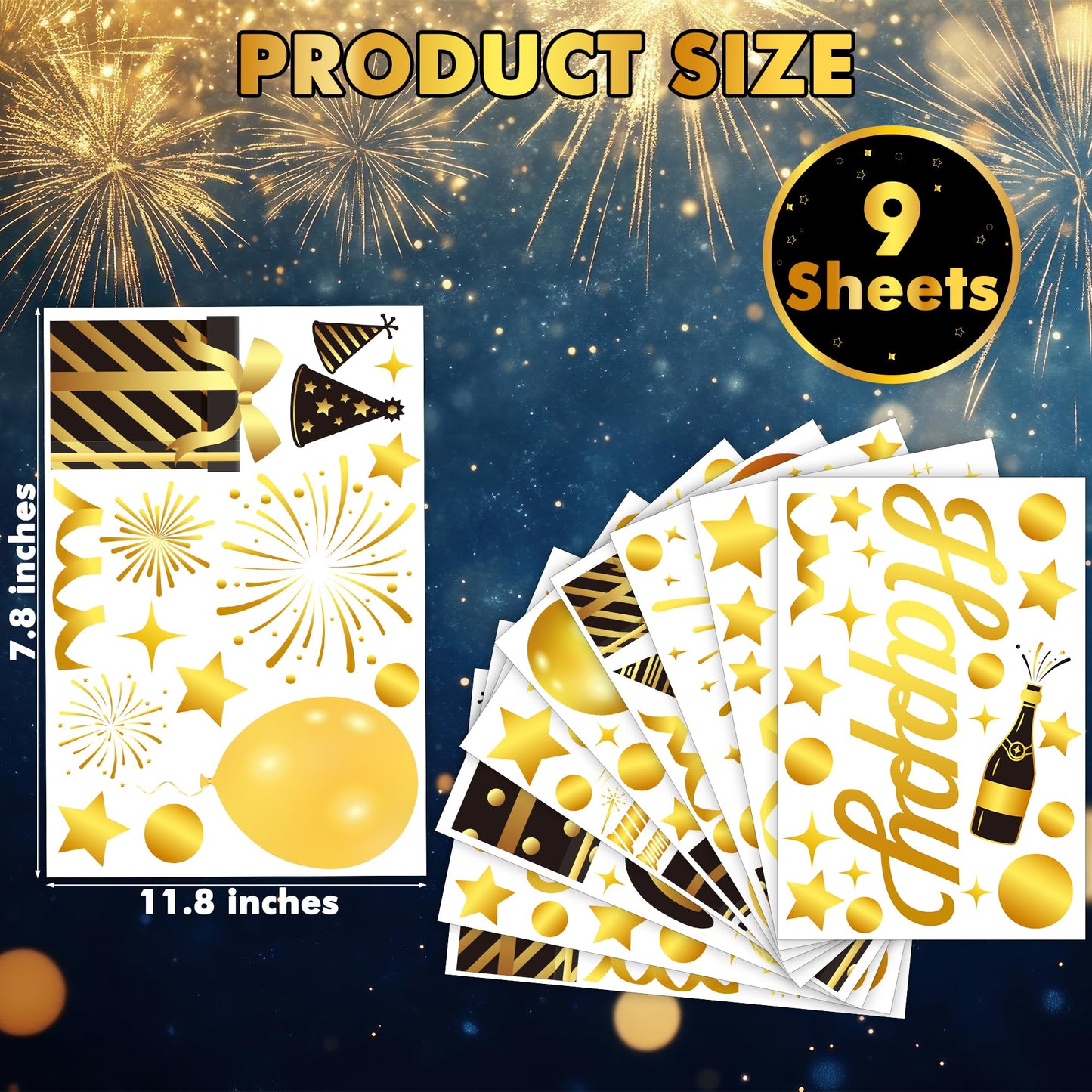 9 Sheets Happy New Year Window Clings, 152 Pcs Black and Gold Window Sticker Patterns Double-Sided New Years Decor, Firework Decals Decorations for Indoor Home New Year Eve Party Decor