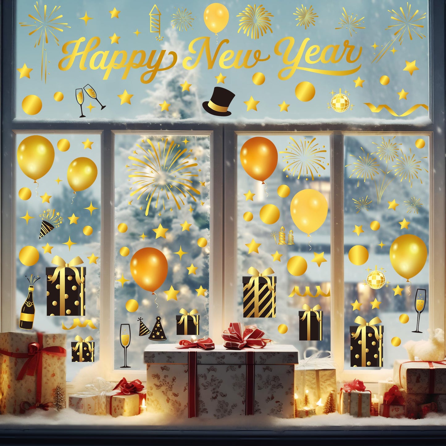 9 Sheets Happy New Year Window Clings, 152 Pcs Black and Gold Window Sticker Patterns Double-Sided New Years Decor, Firework Decals Decorations for Indoor Home New Year Eve Party Decor