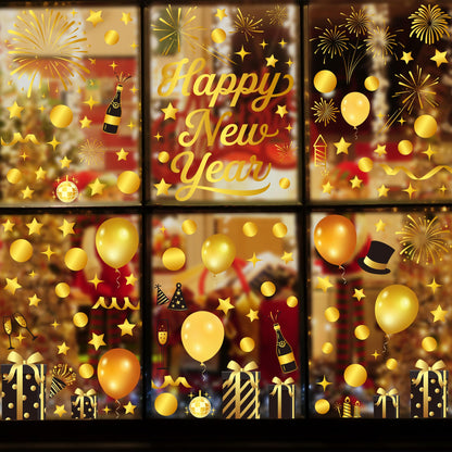 9 Sheets Happy New Year Window Clings, 152 Pcs Black and Gold Window Sticker Patterns Double-Sided New Years Decor, Firework Decals Decorations for Indoor Home New Year Eve Party Decor