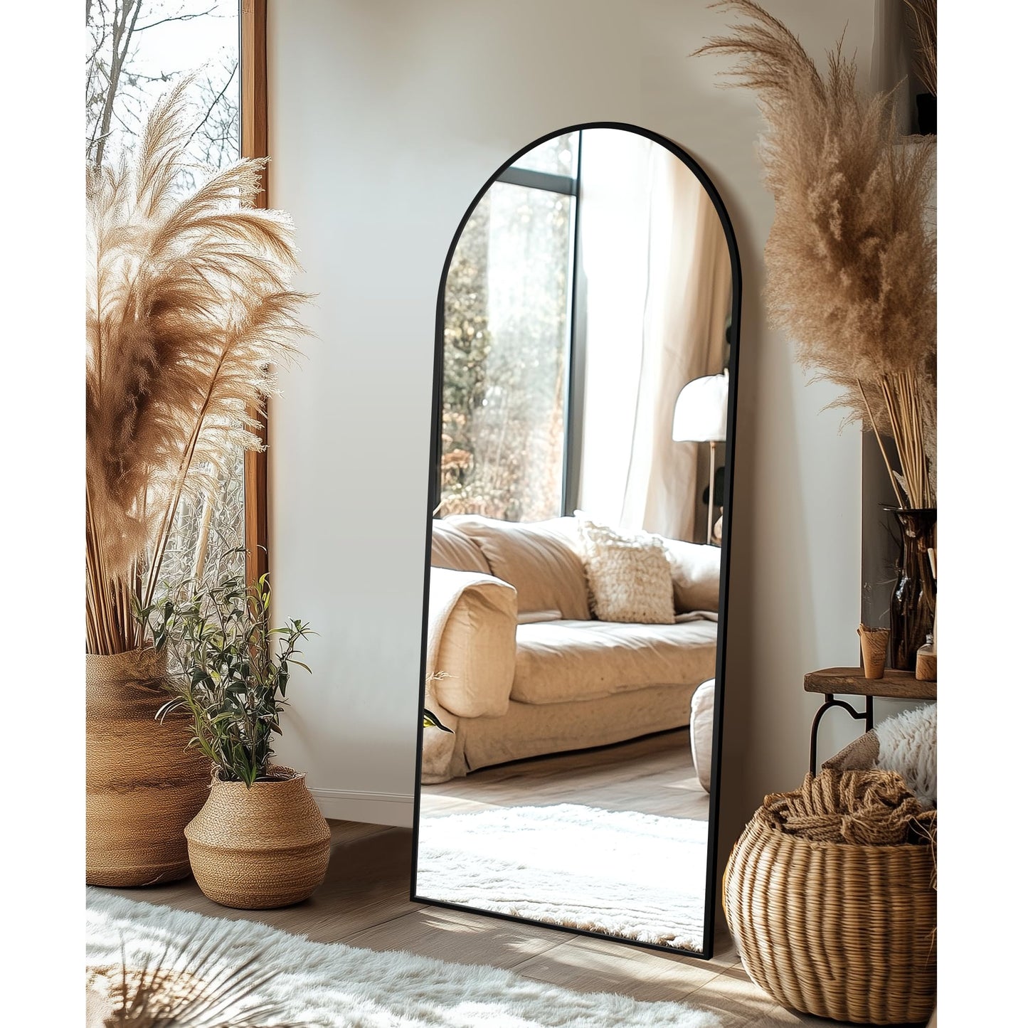 Delma Wall Mirror Full Length Mirror,Standing Mirror Full Body,Large Floor Mirror for Wall Door Bedroom Bathroom Living Room with Aluminium Frame(with Stand,Arch 69x24-Black)