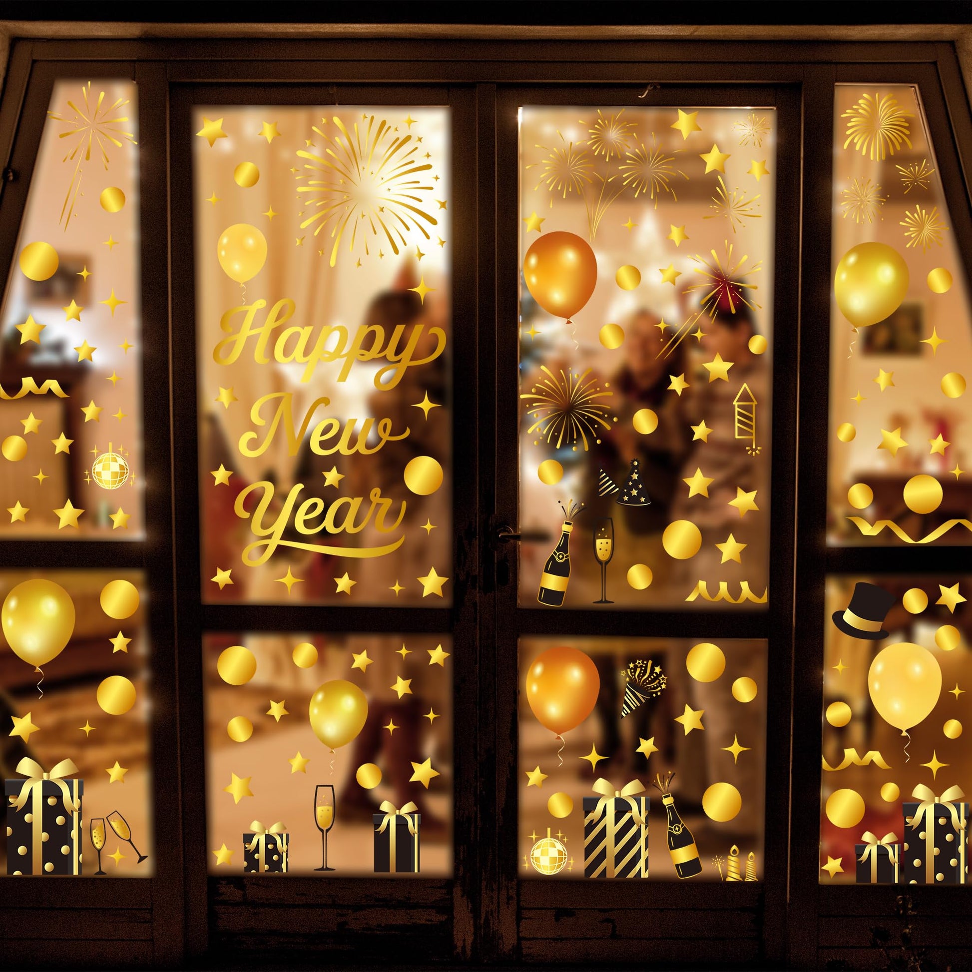 9 Sheets Happy New Year Window Clings, 152 Pcs Black and Gold Window Sticker Patterns Double-Sided New Years Decor, Firework Decals Decorations for Indoor Home New Year Eve Party Decor