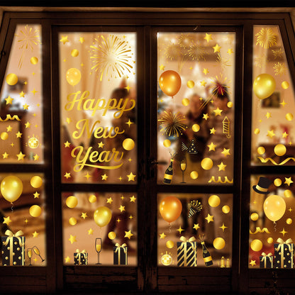 9 Sheets Happy New Year Window Clings, 152 Pcs Black and Gold Window Sticker Patterns Double-Sided New Years Decor, Firework Decals Decorations for Indoor Home New Year Eve Party Decor