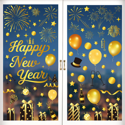 9 Sheets Happy New Year Window Clings, 152 Pcs Black and Gold Window Sticker Patterns Double-Sided New Years Decor, Firework Decals Decorations for Indoor Home New Year Eve Party Decor
