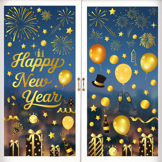 9 Sheets Happy New Year Window Clings, 152 Pcs Black and Gold Window Sticker Patterns Double-Sided New Years Decor, Firework Decals Decorations for Indoor Home New Year Eve Party Decor