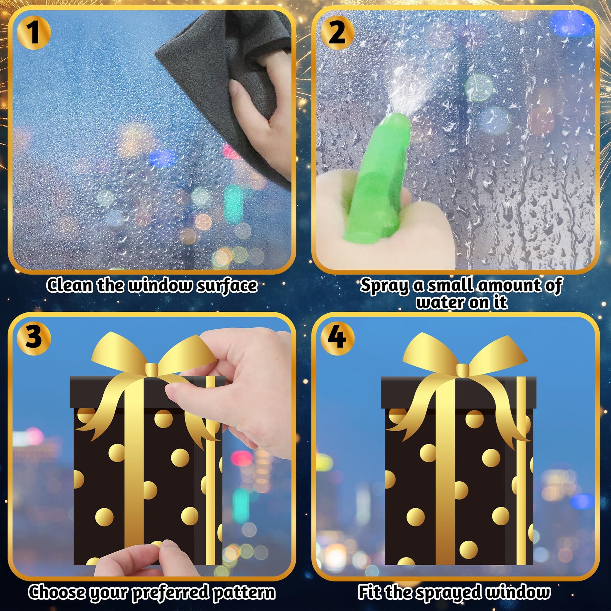 9 Sheets Happy New Year Window Clings, 152 Pcs Black and Gold Window Sticker Patterns Double-Sided New Years Decor, Firework Decals Decorations for Indoor Home New Year Eve Party Decor