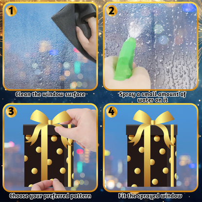 9 Sheets Happy New Year Window Clings, 152 Pcs Black and Gold Window Sticker Patterns Double-Sided New Years Decor, Firework Decals Decorations for Indoor Home New Year Eve Party Decor