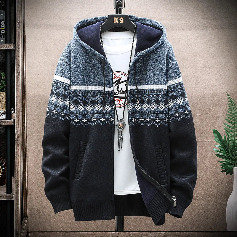 Men's Winter Plaid Wool Hooded Cardigan Jacket