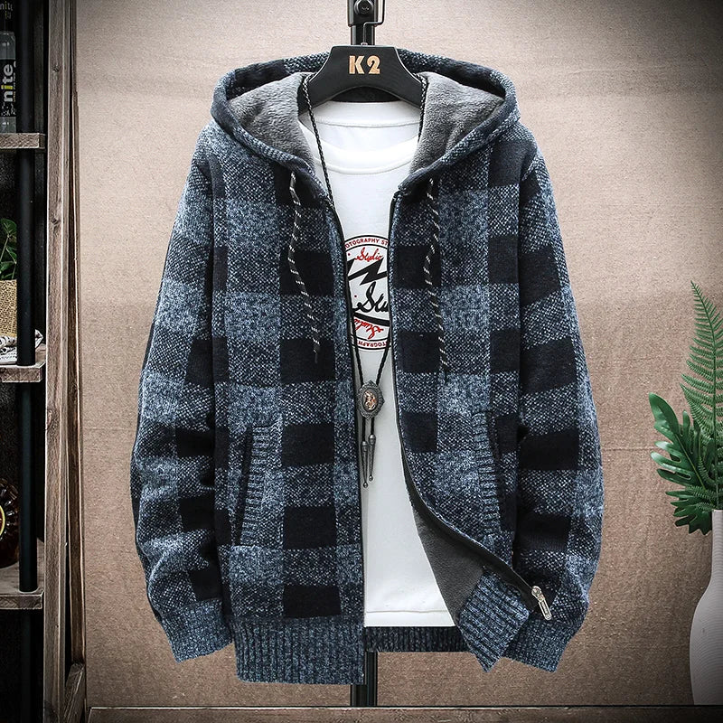 Men's Winter Plaid Wool Hooded Cardigan Jacket