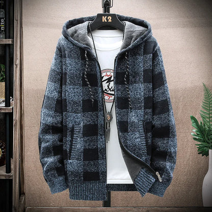 Men's Winter Plaid Wool Hooded Cardigan Jacket
