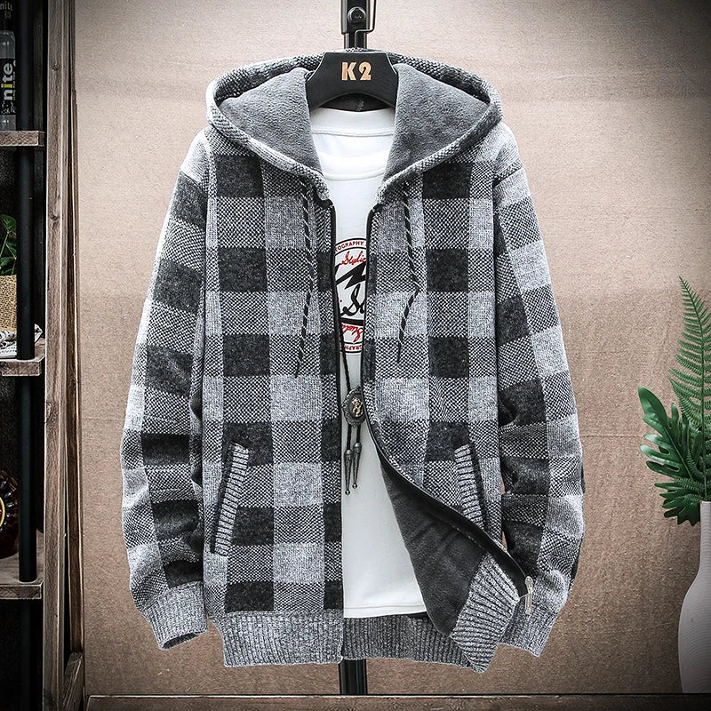Men's Winter Plaid Wool Hooded Cardigan Jacket
