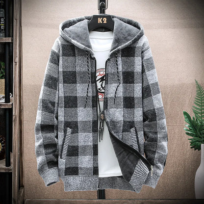 Men's Winter Plaid Wool Hooded Cardigan Jacket