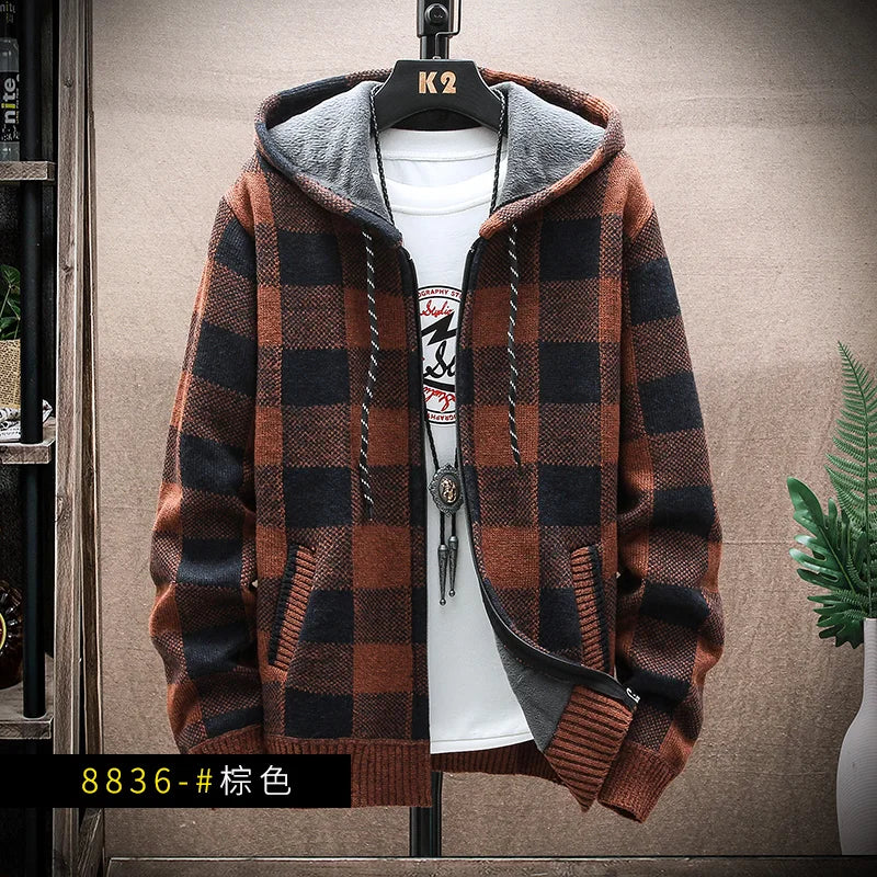 Men's Winter Plaid Wool Hooded Cardigan Jacket