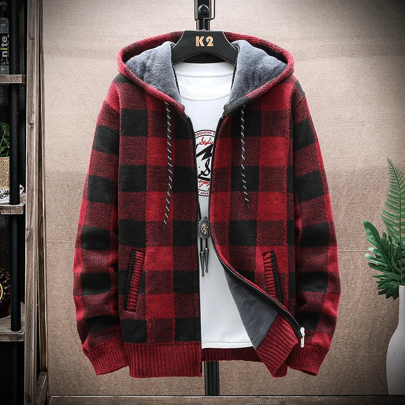Men's Winter Plaid Wool Hooded Cardigan Jacket