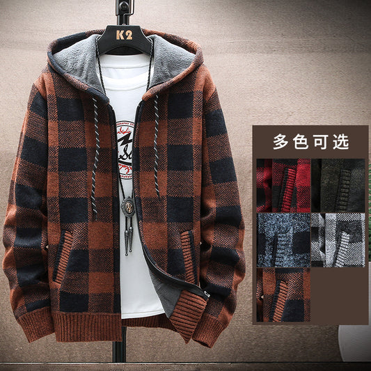 Men's Winter Plaid Wool Hooded Cardigan Jacket