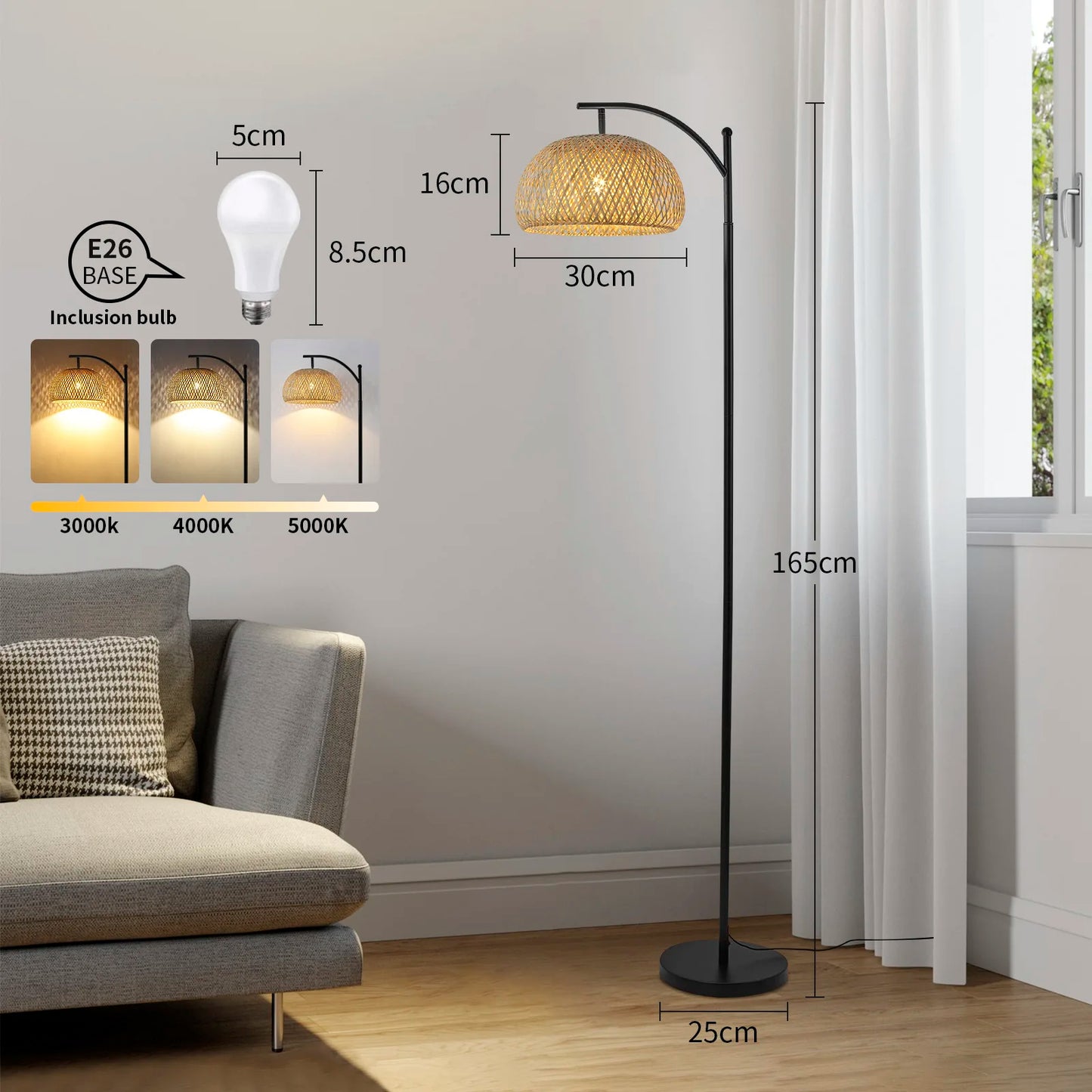Bamboo Woven Floor Lamp: Adjustable Head, Remote & Pedal Switch