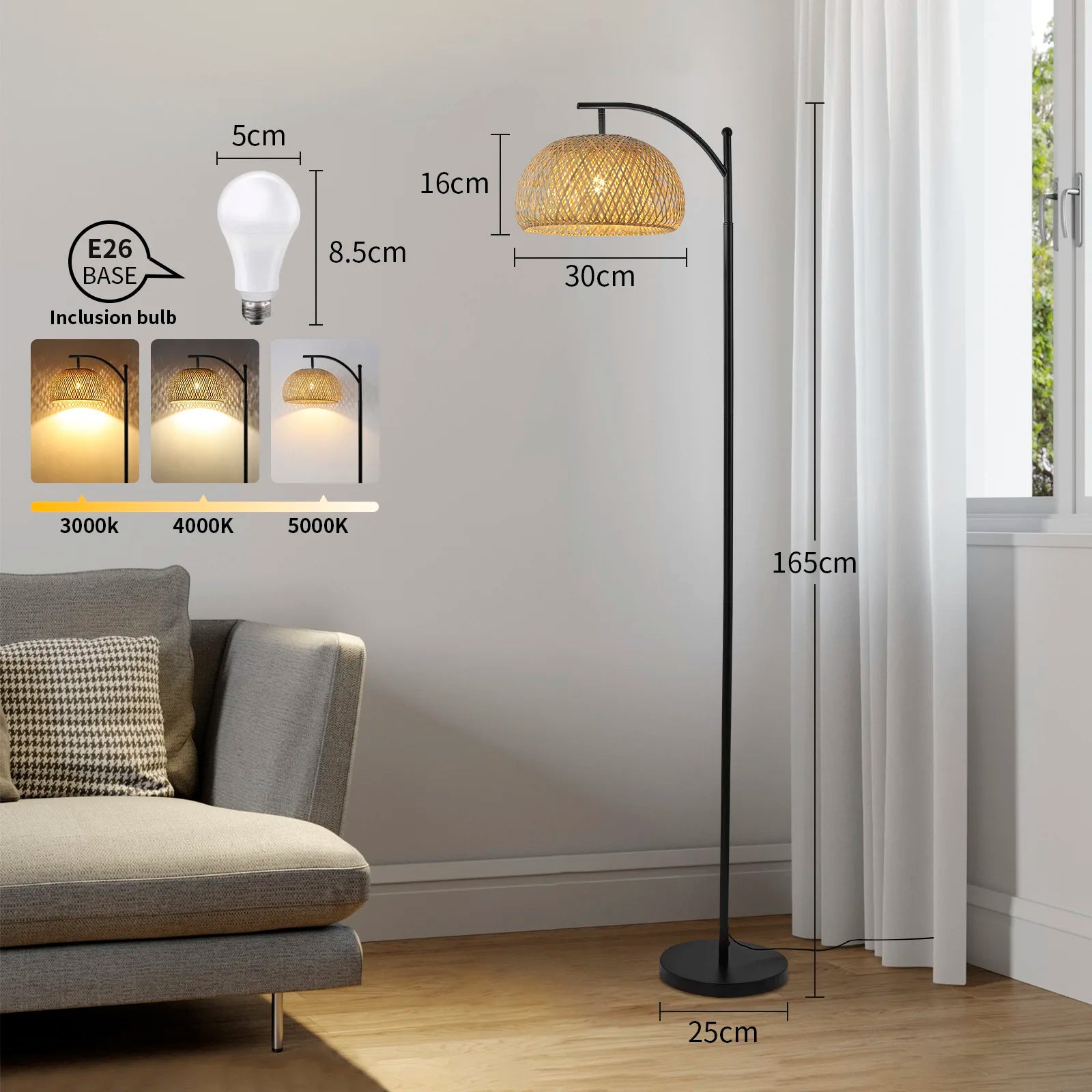Bamboo Woven Floor Lamp: Adjustable Head, Remote & Pedal Switch
