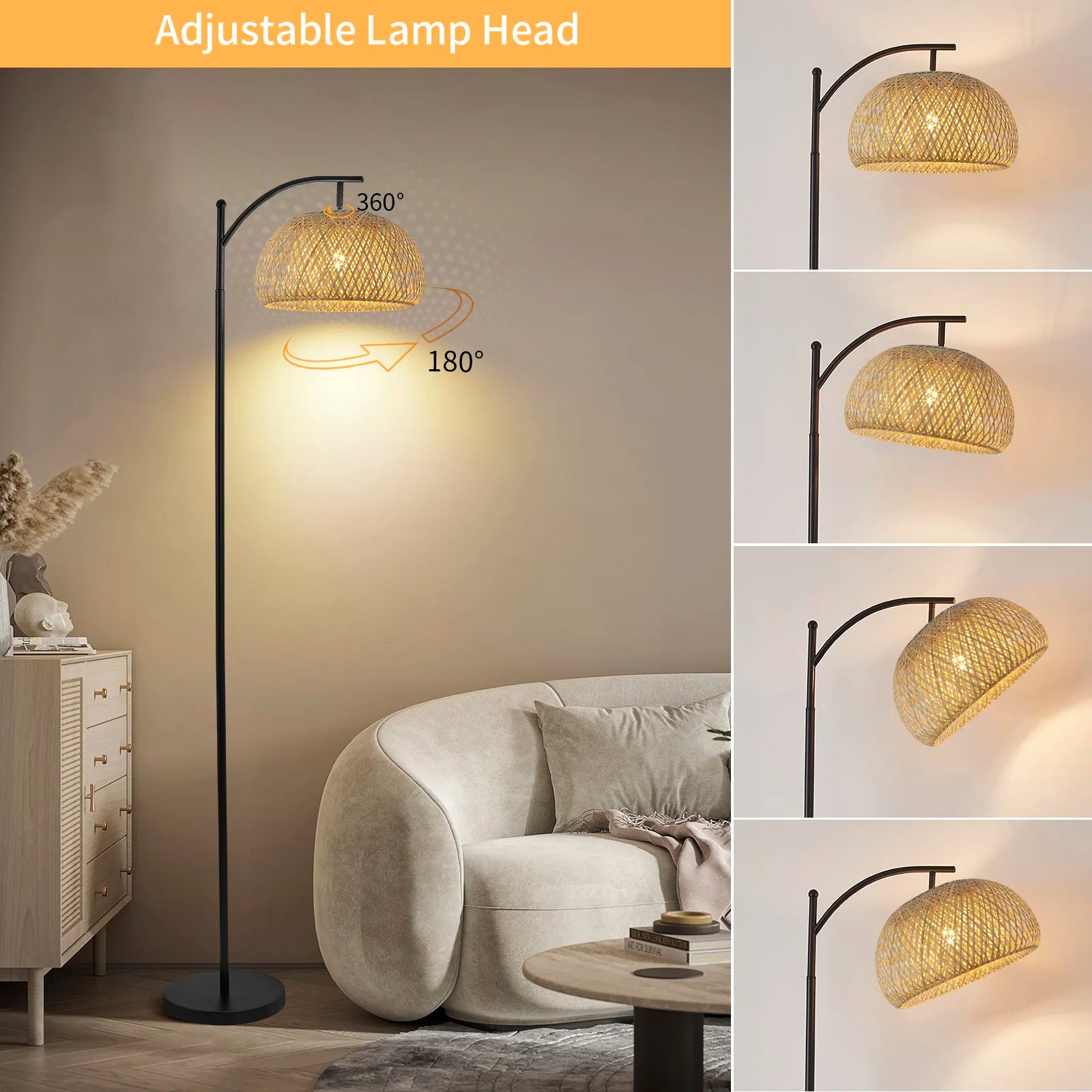 Bamboo Woven Floor Lamp: Adjustable Head, Remote & Pedal Switch