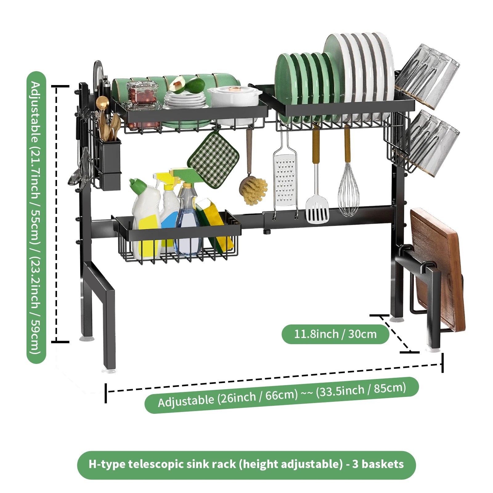Over Sink Dish Drying Rack - Adjustable, Rust-Proof, Black