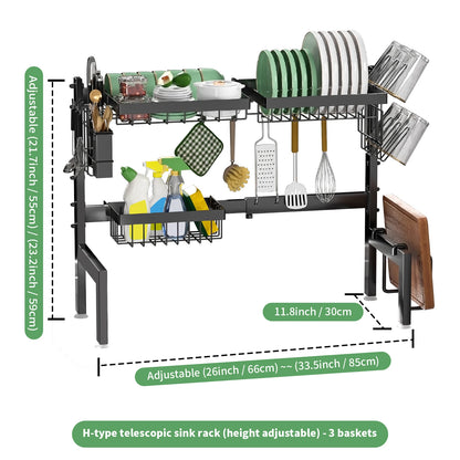 Over Sink Dish Drying Rack - Adjustable, Rust-Proof, Black
