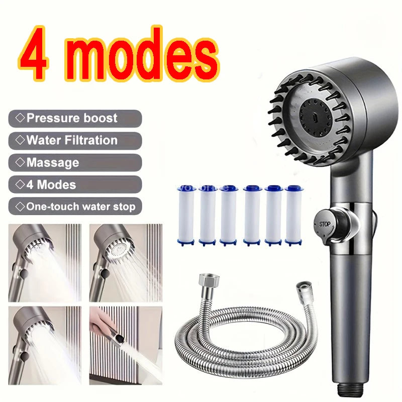 High Pressure Shower Head: 4-Mode Rain Shower with Filter