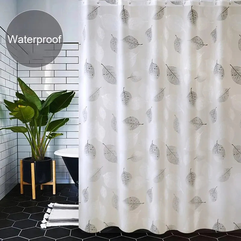 Waterproof PEVA Shower Curtain - Leaf Pattern, Rustproof Hooks