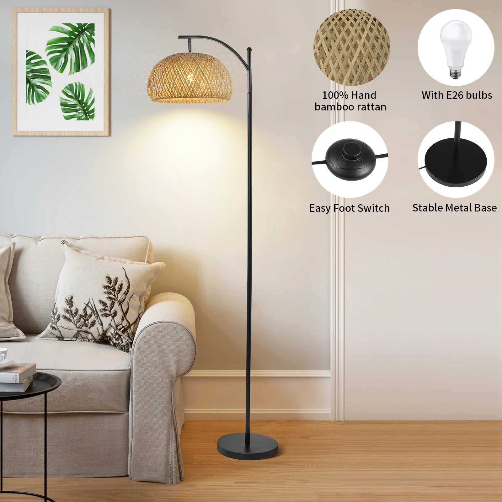 Bamboo Woven Floor Lamp: Adjustable Head, Remote & Pedal Switch