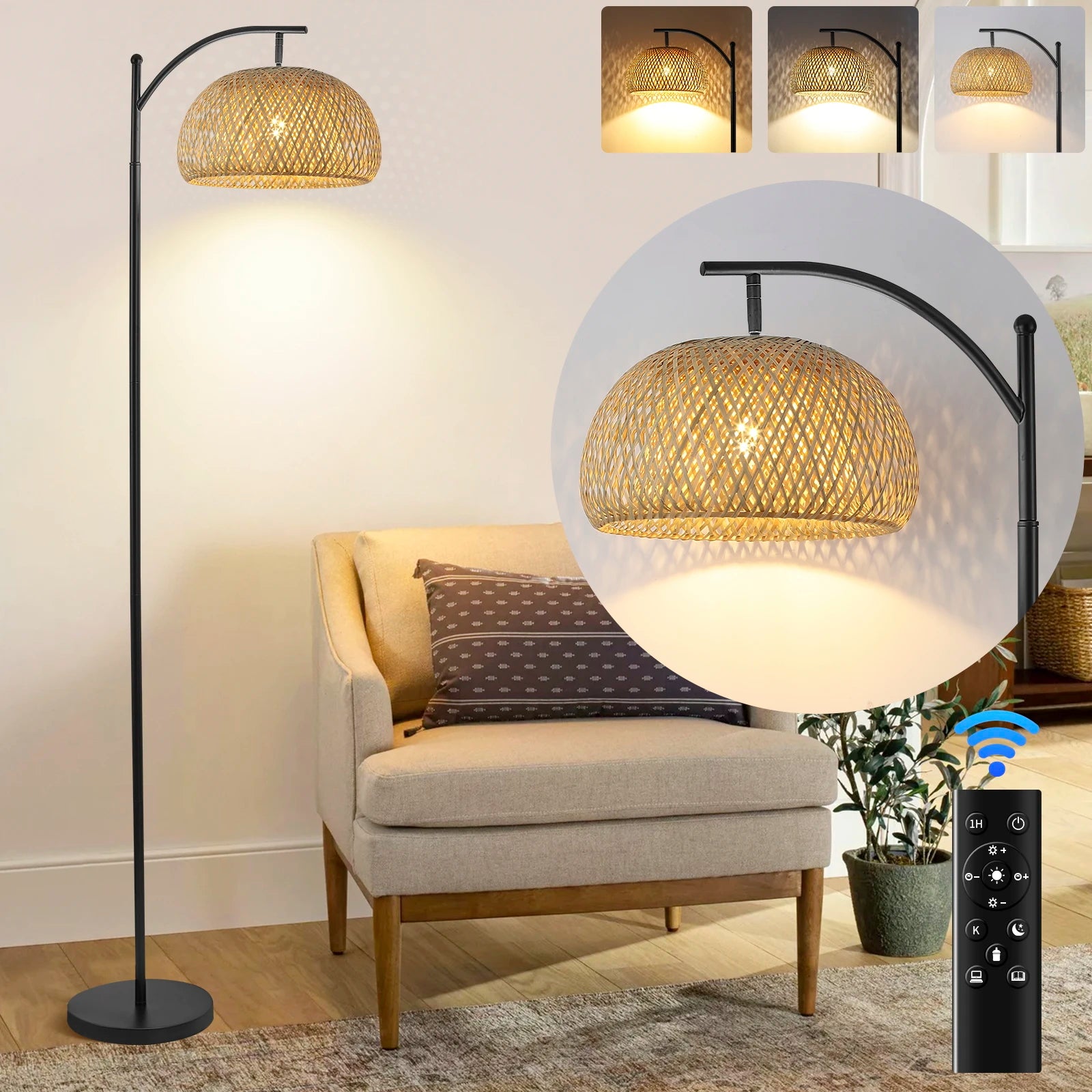 Bamboo Woven Floor Lamp: Adjustable Head, Remote & Pedal Switch