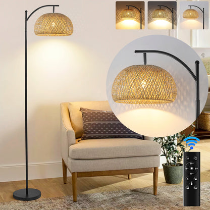 Bamboo Woven Floor Lamp: Adjustable Head, Remote & Pedal Switch