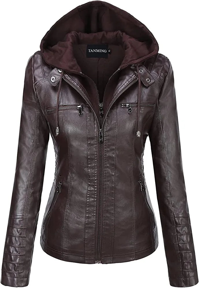Women's Hooded Leather Jacket Set - Removable & Stylish