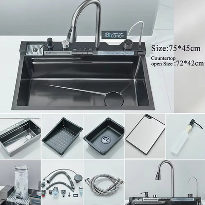 304 Stainless Steel Waterfall Sink with Digital Faucet & Soap Dispenser