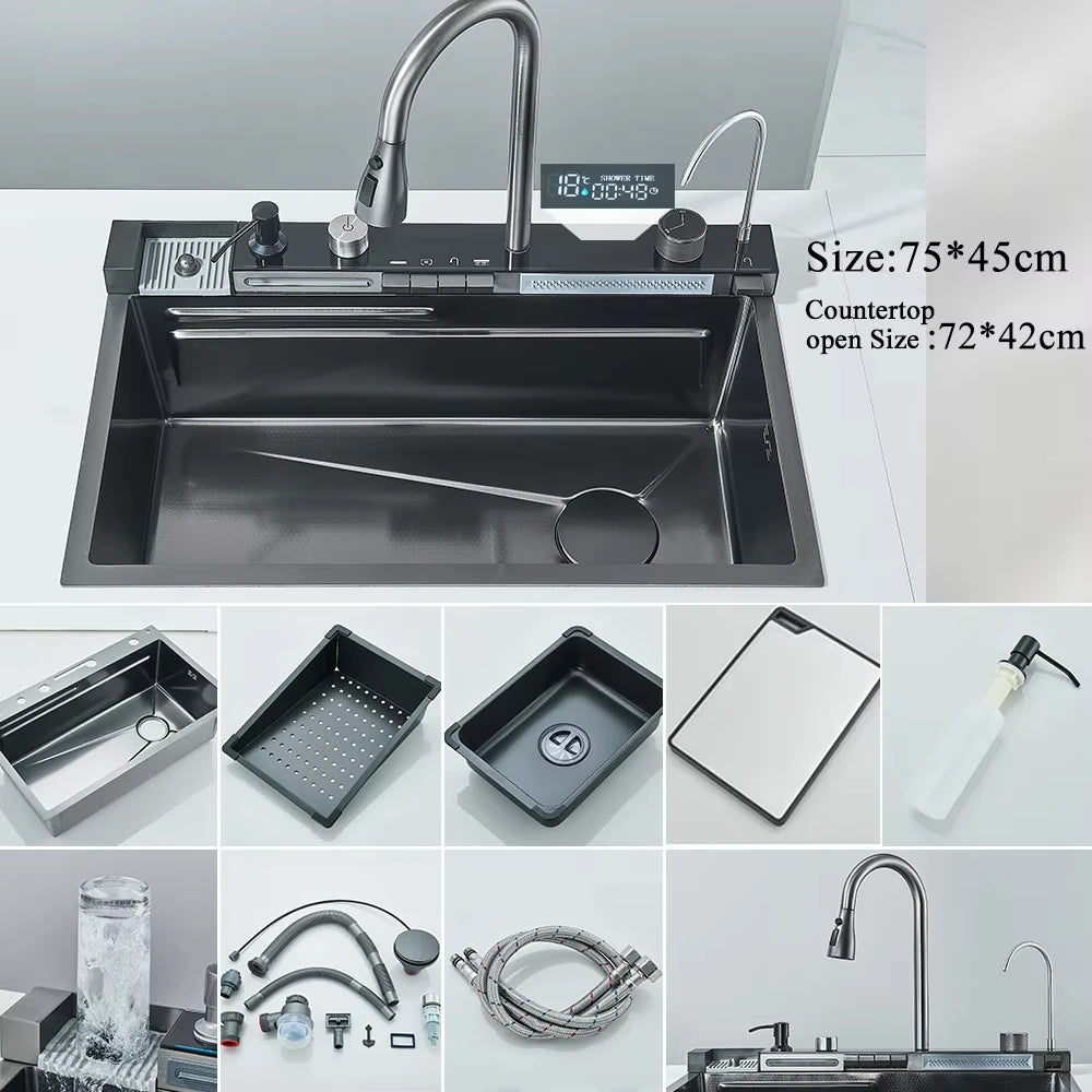 304 Stainless Steel Waterfall Sink with Digital Faucet & Soap Dispenser