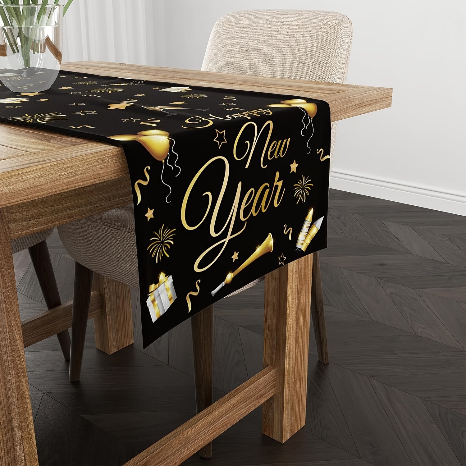 New Year Table Runner Black Gold Party Decor