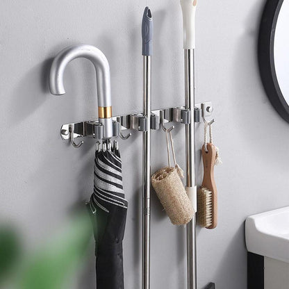 Mop Holder Wall Mount: 4 Hooks, 3 Slots Organizer