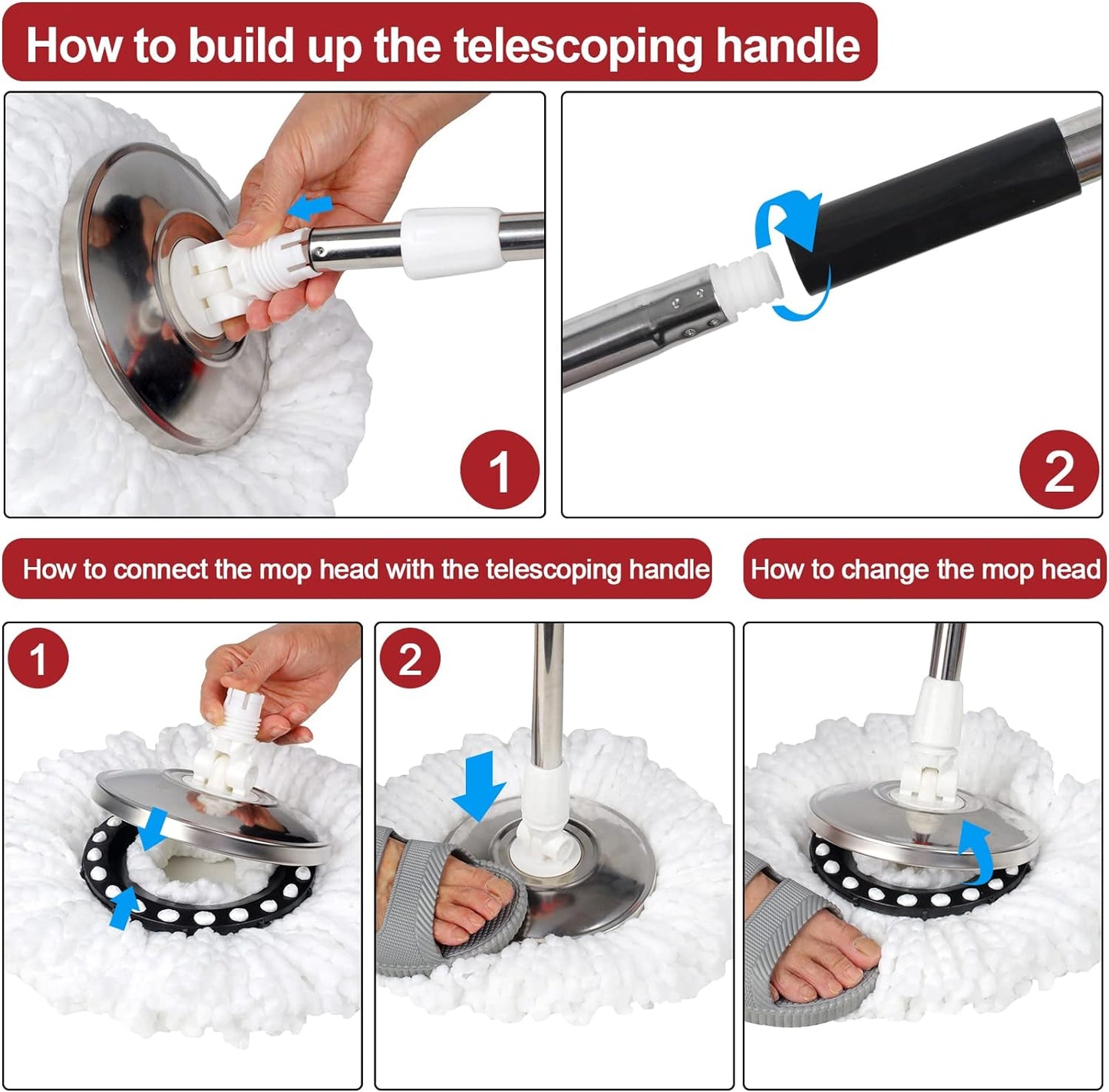 360° Spin Mop Set: Stainless Steel, 3 Microfiber Heads, 61" Handle