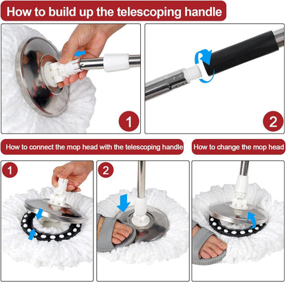 360° Spin Mop Set: Stainless Steel, 3 Microfiber Heads, 61" Handle