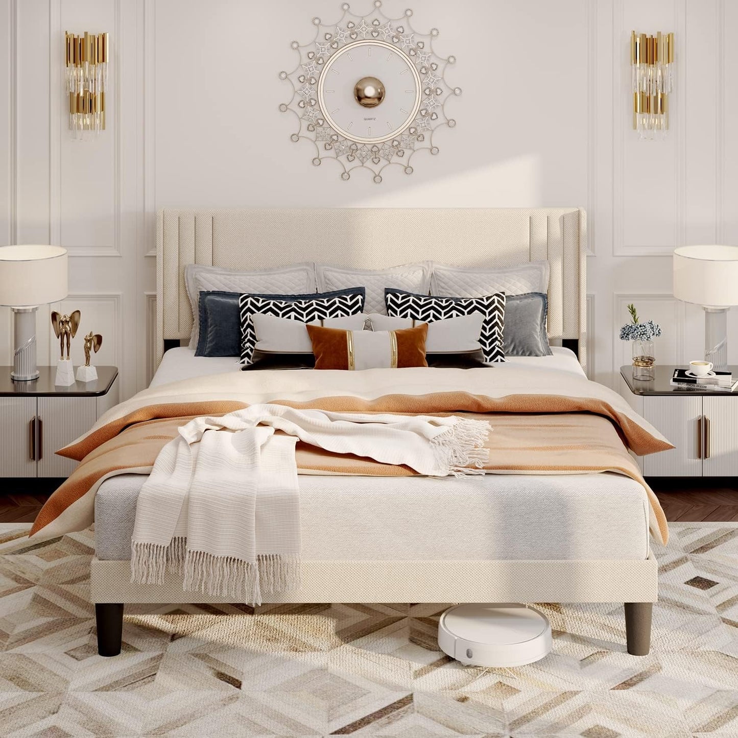 Full Bed Frame with Wingback Headboard - Noise-Free Comfort