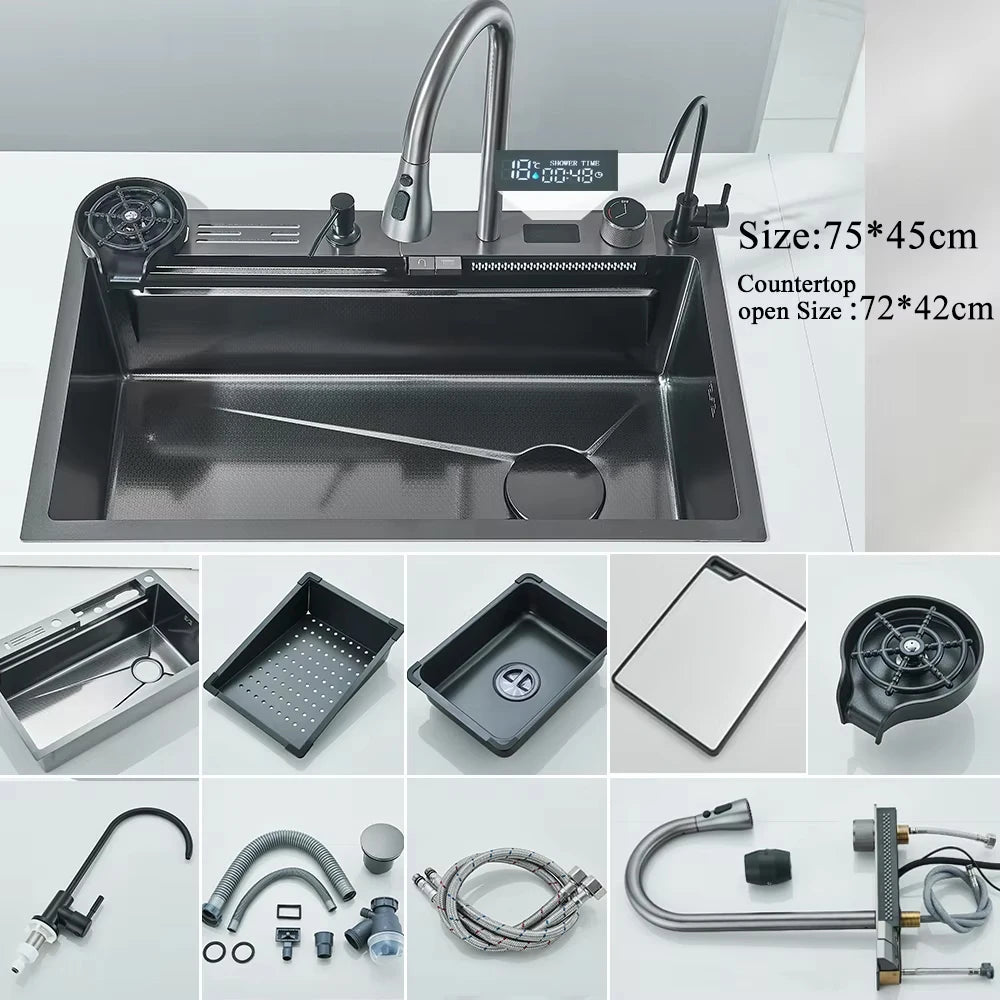 304 Stainless Steel Waterfall Sink with Digital Faucet & Soap Dispenser
