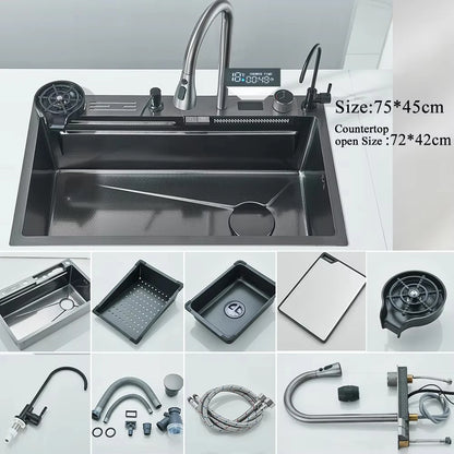 304 Stainless Steel Waterfall Sink with Digital Faucet & Soap Dispenser
