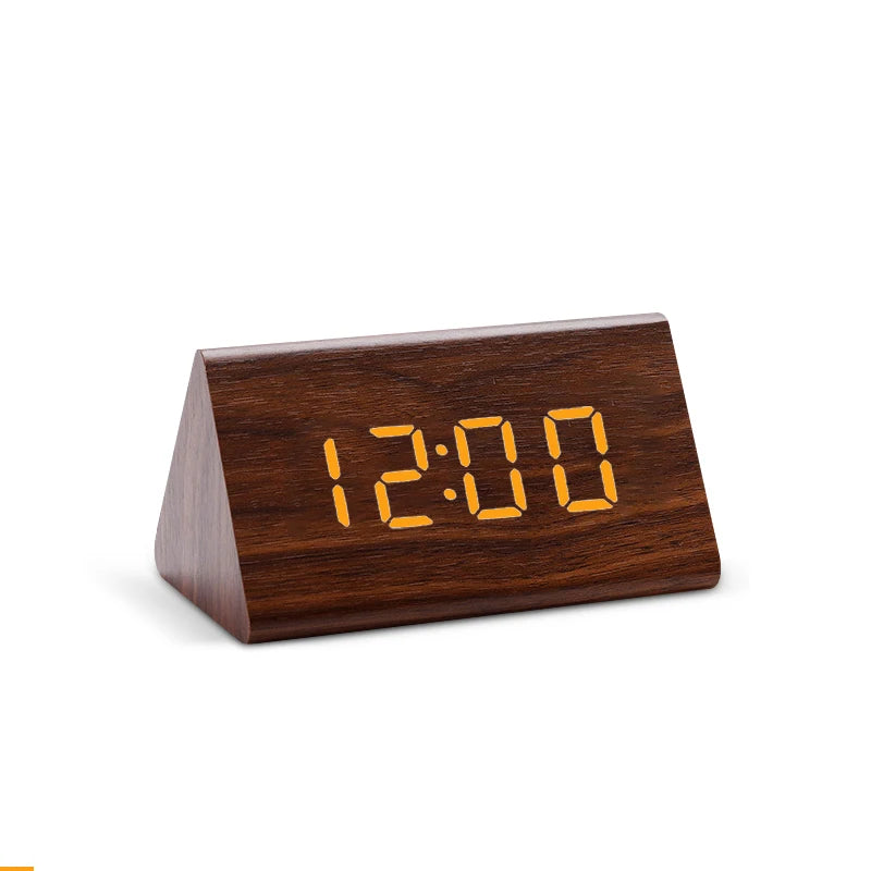 Digital Clock LED Wood Clock: Triangle Digital Alarm & Temp Display
