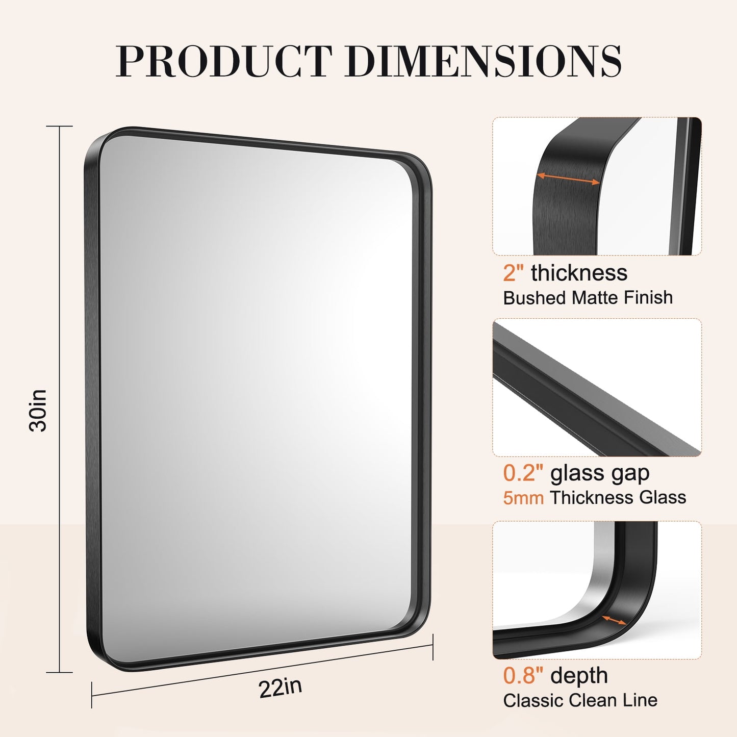 Bathroom Mirror 30"x22" Matte Black Rounded Rectangle