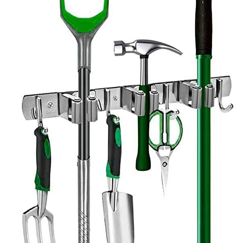 Mop Holder Wall Mount: 4 Hooks, 3 Slots Organizer
