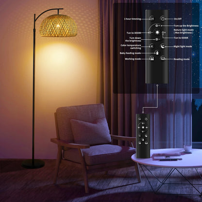 Bamboo Woven Floor Lamp: Adjustable Head, Remote & Pedal Switch