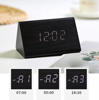 Digital Clock LED Wood Clock: Triangle Digital Alarm & Temp Display