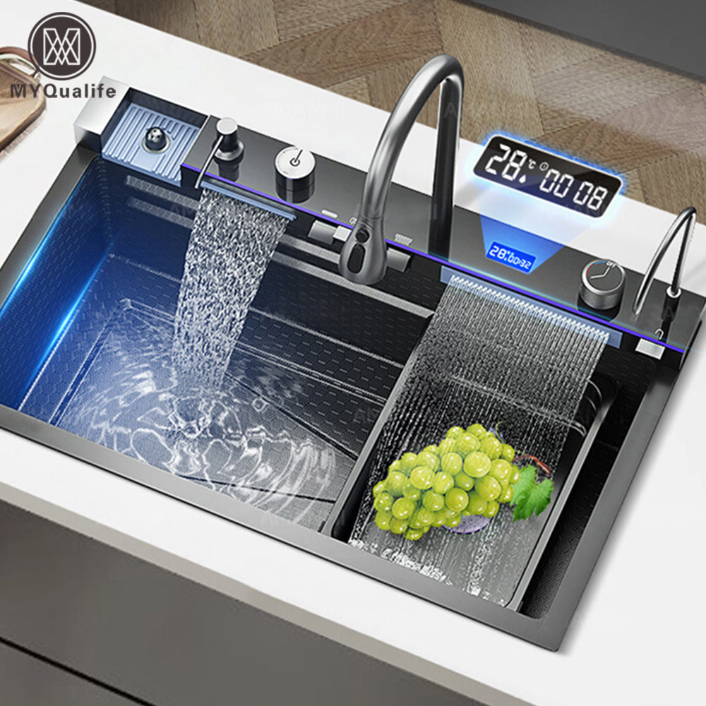 304 Stainless Steel Waterfall Sink with Digital Faucet & Soap Dispenser